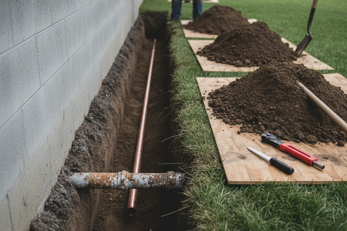 Excavated water line trench during Sewer Line Repair in Goffstown